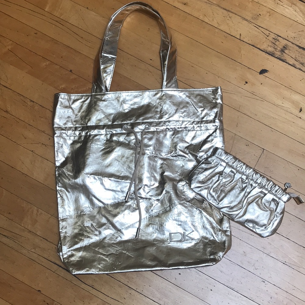 Metallic gold shoulder bag with matching clutch Donna Karan